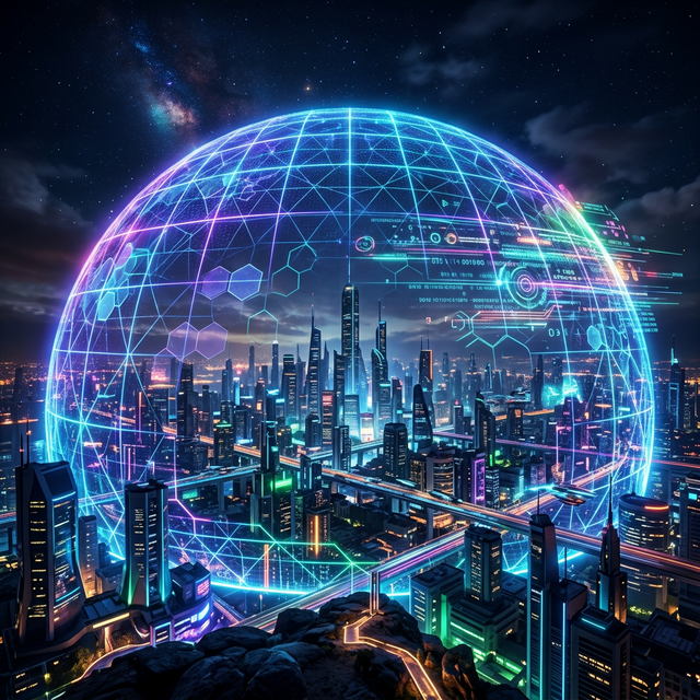 A macro shot of a crystalline circuit board glowing with neon matrix green light, representing active neural network protection. Intricate details of microchips and fiber optic connections. No people. No woman.